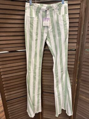 Women's Green & White Striped Bellbottom Jeans